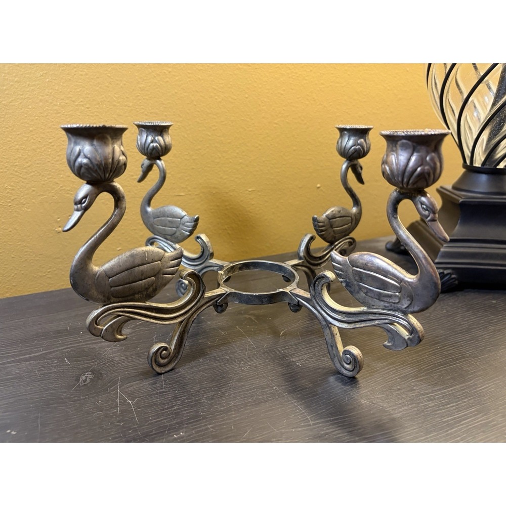 Vintage Ornate Swan Candelabra Silver Tone 4 Candle Holder Elegant Table Decor